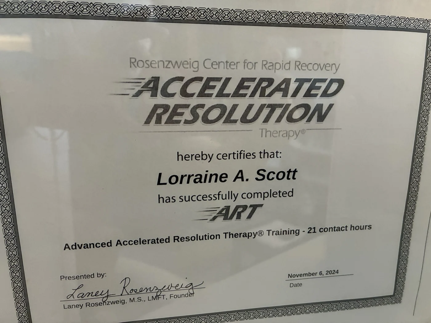 Advanced Accelerated Resolution Therapy training certificate for Lorraine A. Scott