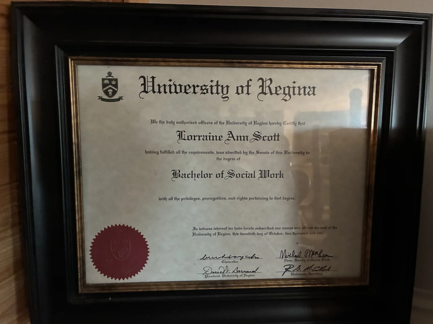 Bachelor of Social Work diploma for Lorraine Ann Scott from the University of Regina